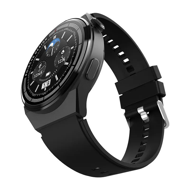Black smartwatch with 1.39 inch screen showing Bluetooth call and NFC payment functions