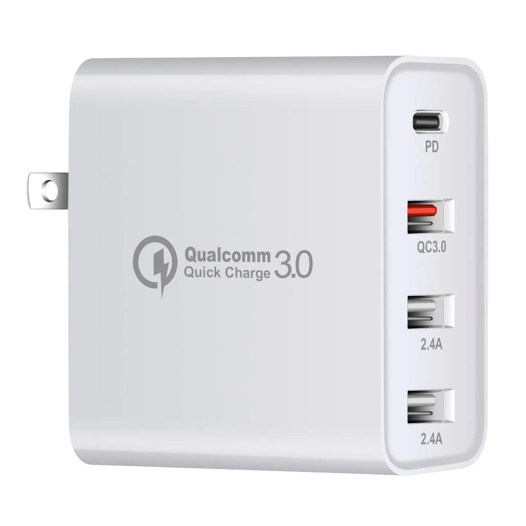 Four-port USB-C wall charger with LED light in black or white colours showing UK, EU, US and AU plug variants
