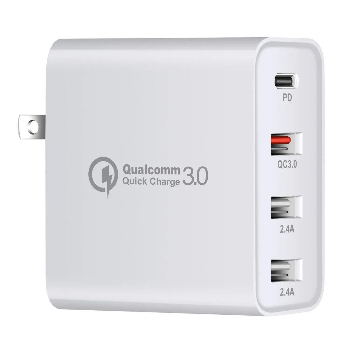 Four-port USB-C wall charger with LED light in black or white colours showing UK, EU, US and AU plug variants