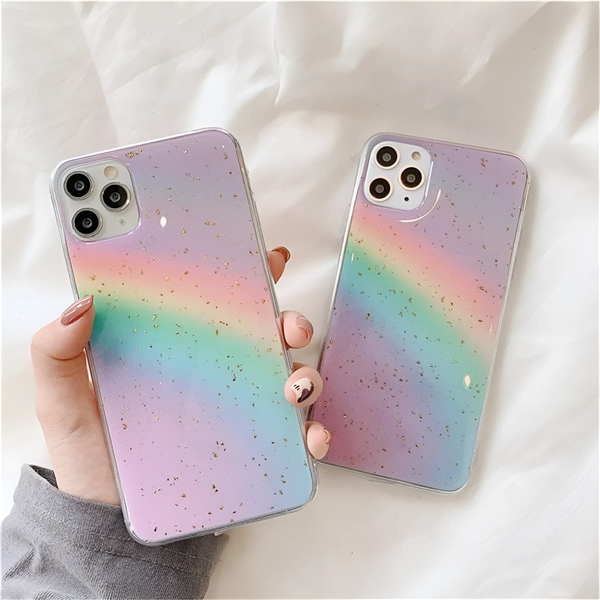 Rainbow gradient striped TPU phone case for iPhone models with Japanese-inspired design