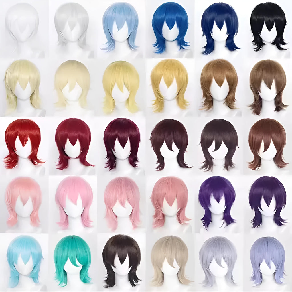 Short anime cosplay wig with a lengthened hair tail in high-temperature fibre.