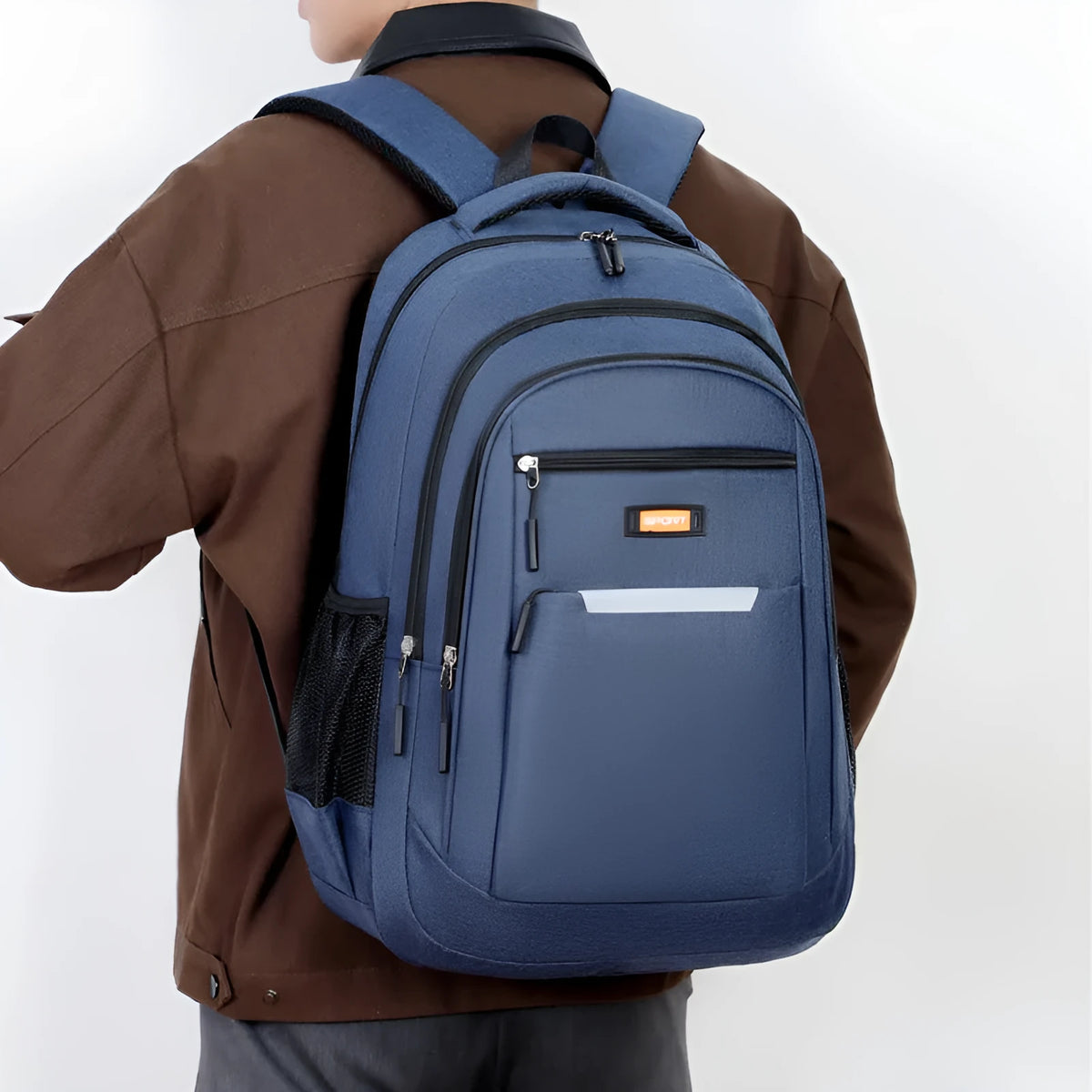 Men's casual Oxford cloth backpack in grey, black, green, or blue colours with breathable construction