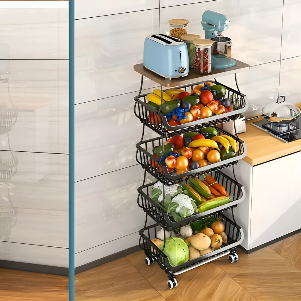 Black six-layer floor-standing kitchen storage trolley with foldable carbon steel shelves