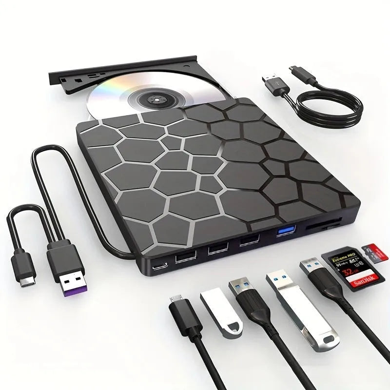 Black USB external CD drive burner with compact dimensions for laptop and PC connectivity
