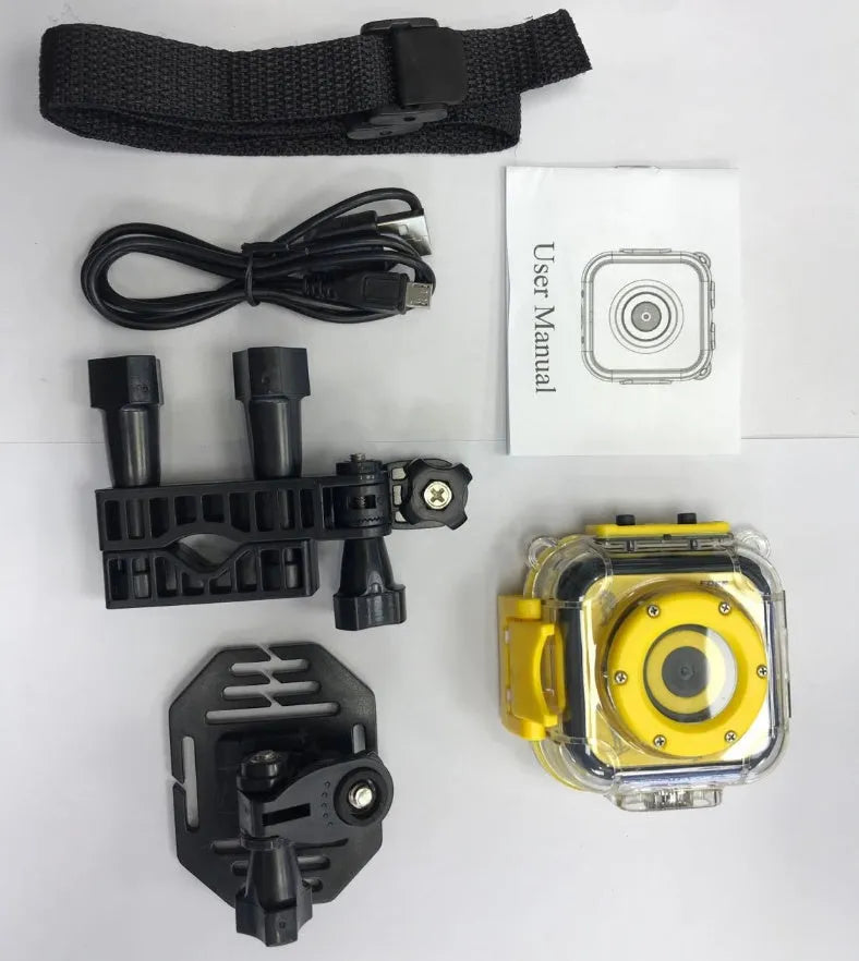 Yellow children's waterproof sports camera showing front with lens and 1.77-inch screen.