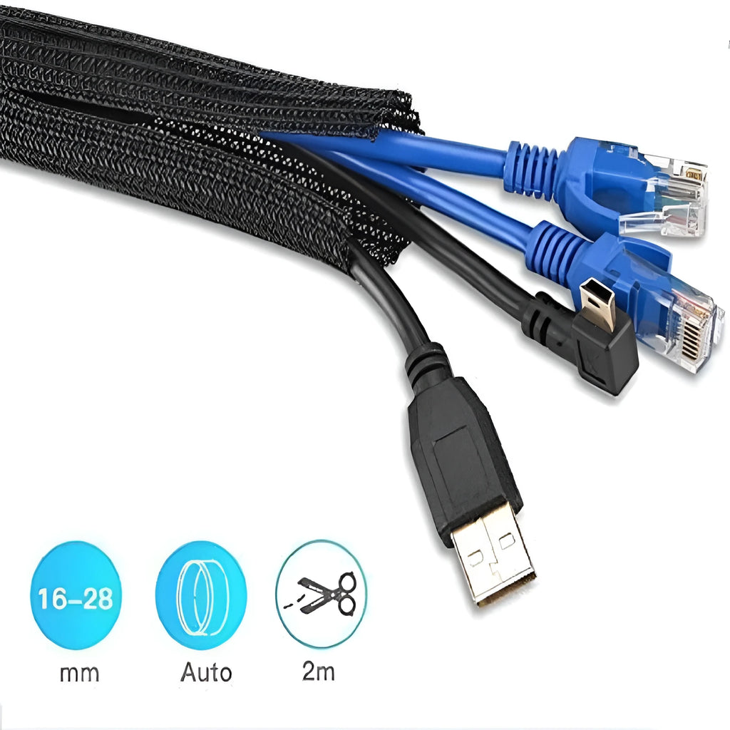 Black self-winding polyester braided sleeve for protecting and organising cables and wires