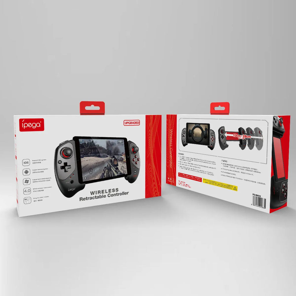 Red telescopic gamepad controller extended to hold a mobile phone with Bluetooth and USB connectivity options