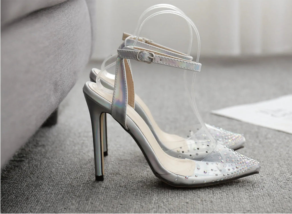Women's pointed diamond sandals with stiletto heels in PVC material