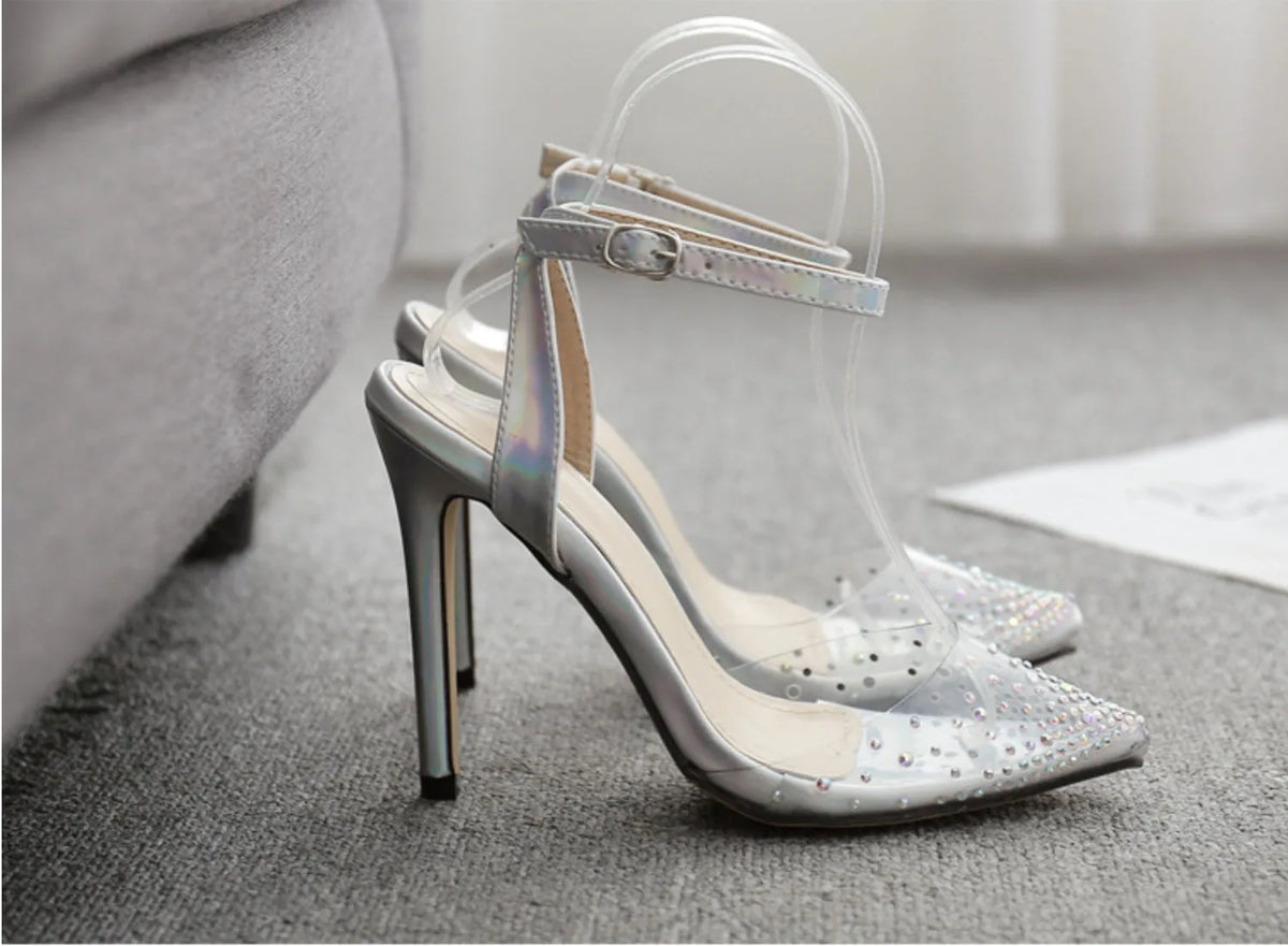 Women's pointed diamond sandals with stiletto heels in PVC material