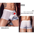Men's black striped nylon boxer briefs laid flat, showing seamless construction and elastic waistband.