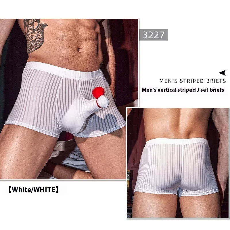 Men's black striped nylon boxer briefs laid flat, showing seamless construction and elastic waistband.
