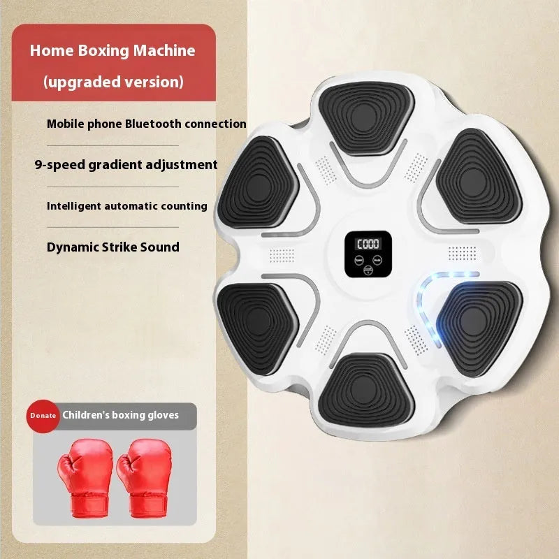 Smart music boxing machine wall target with electronic display and focus gloves on white wall.