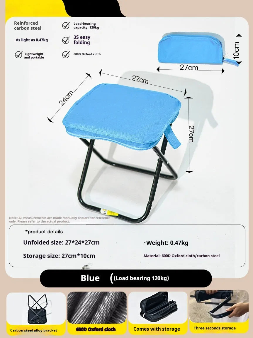 Foldable outdoor camp stool in Oxford cloth, shown in khaki colour, collapsed into its compact pencil box design.