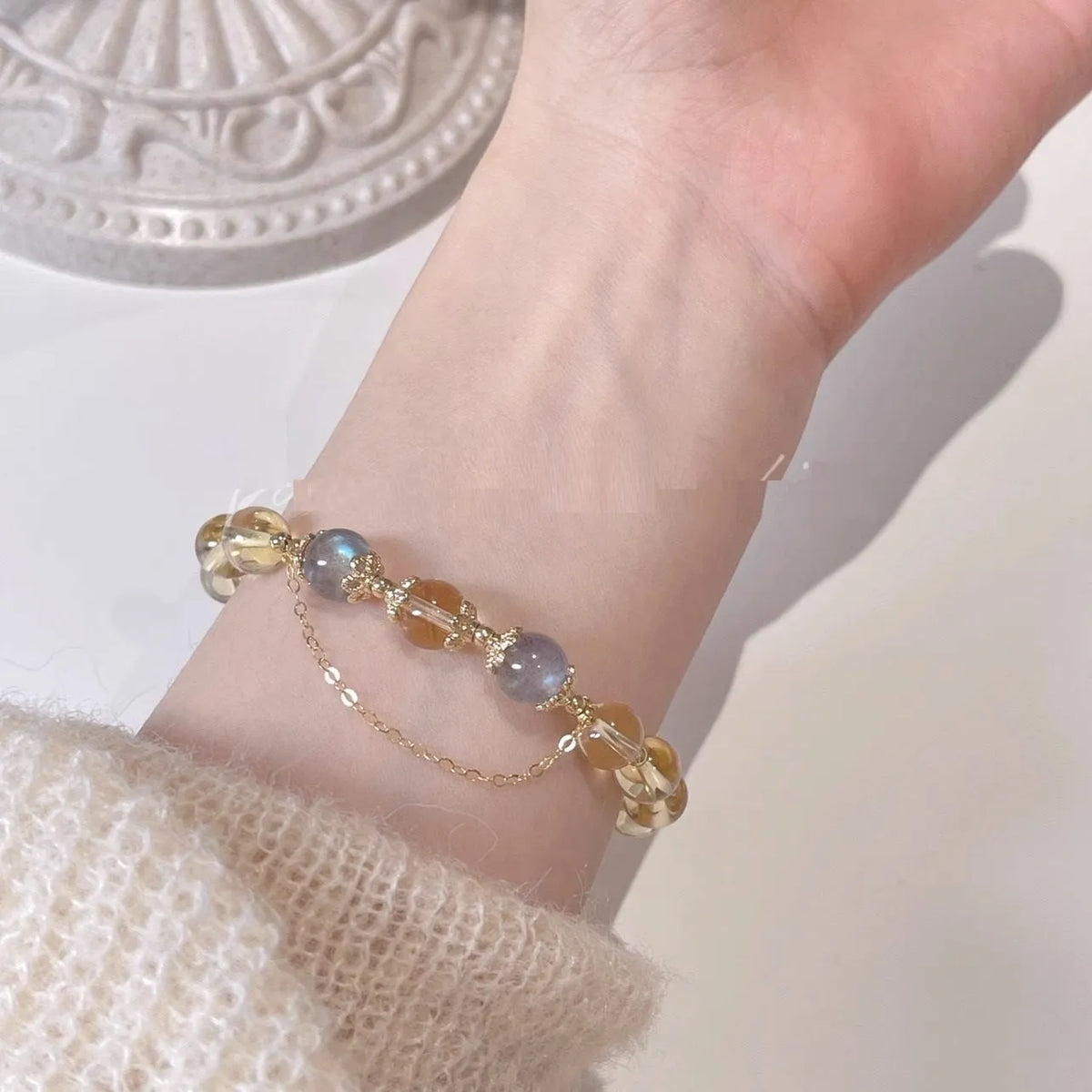 Women's Chinese style crystal bracelet with citrine moonstone and 14K gilded finish