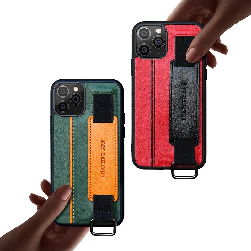 Brown imitation leather iPhone case with wrist strap showing stitching details