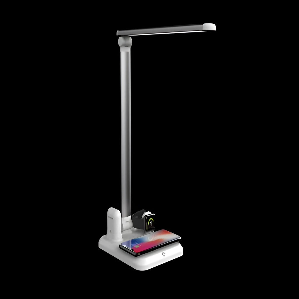 Black and white 4-in-1 LED desk lamp with integrated wireless charging pad and Type-C interface