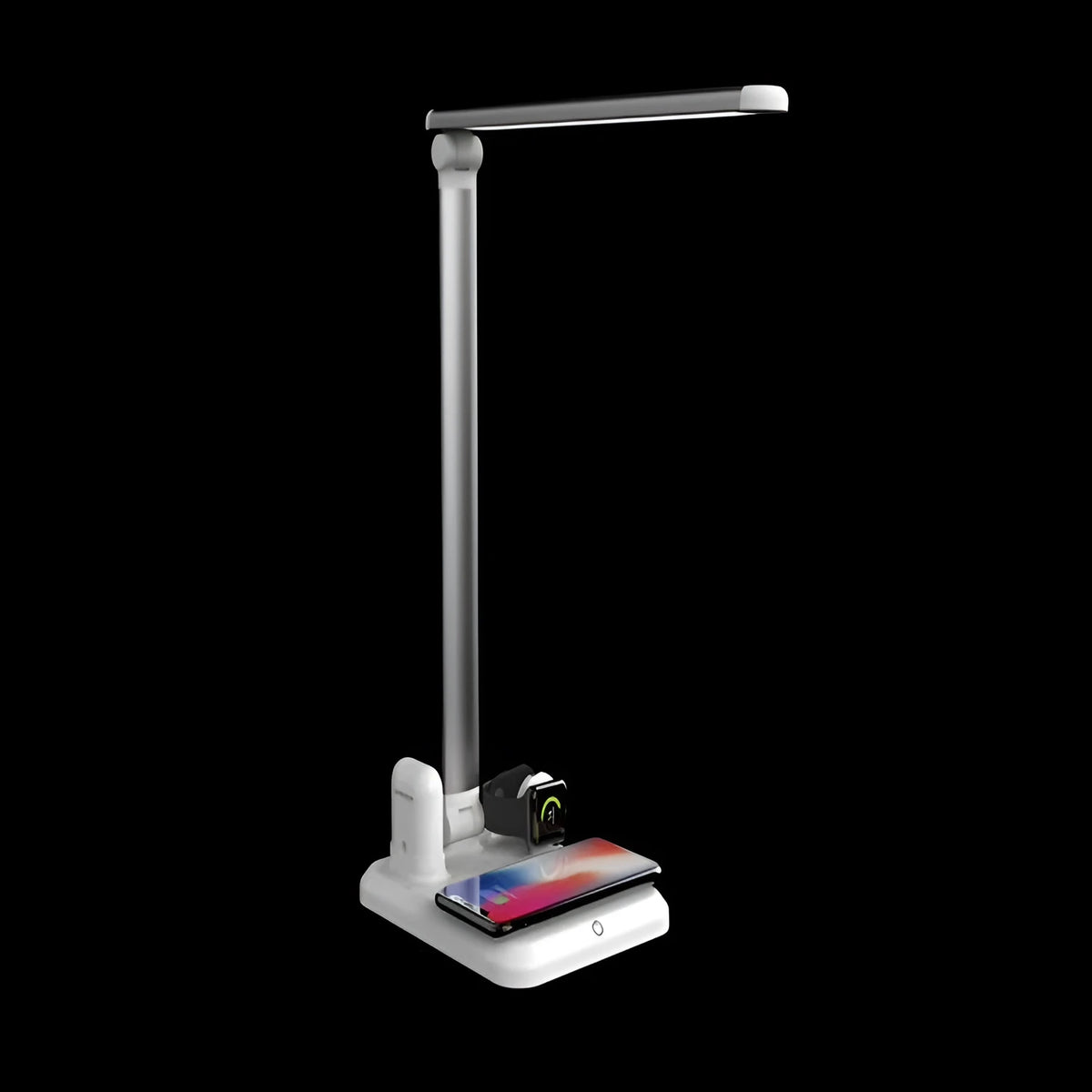 Black and white 4-in-1 LED desk lamp with integrated wireless charging pad and Type-C interface