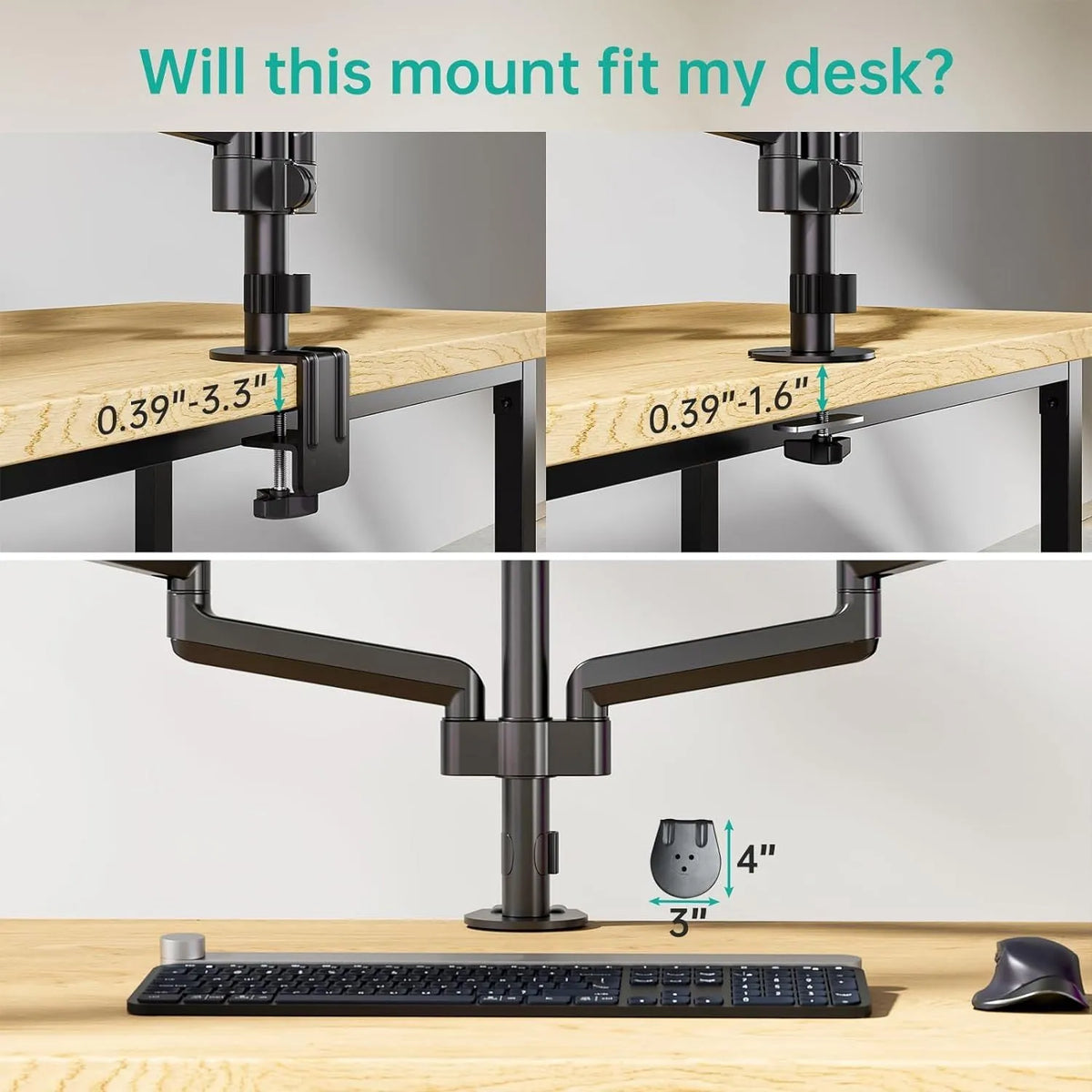 Black three-arm gas spring monitor mount for 27-inch computer screens with aluminium alloy construction