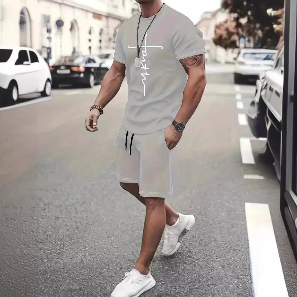 Two-piece casual sports suit with short-sleeved round neck top and shorts in polyester, 3D digital print, five colours.