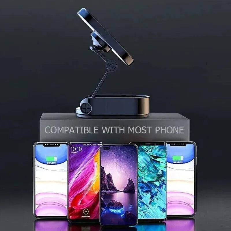 Chrome finish magnetic car phone holder with folded and extended positions showing adjustable head