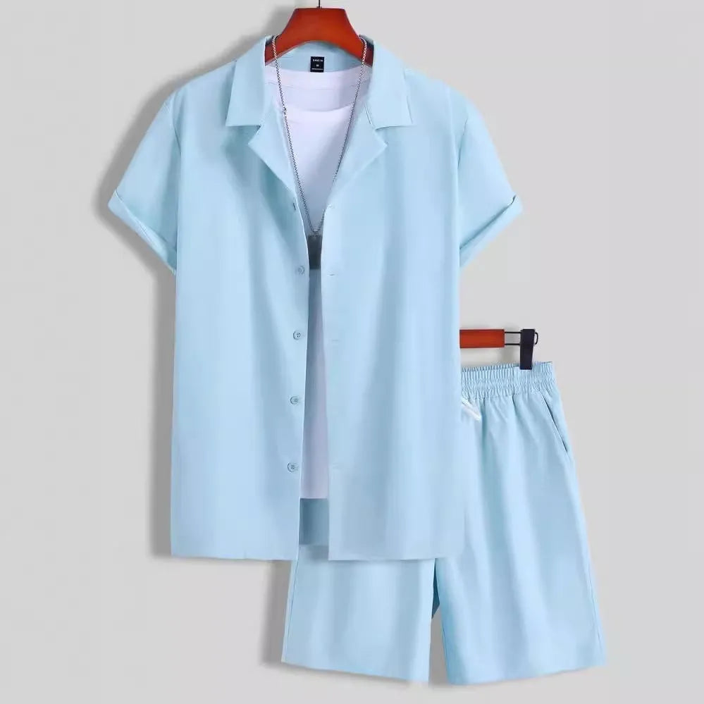 Men's short sleeve Cuban collar sport suit set with matching shorts in thin polyester fabric