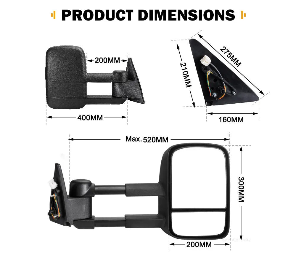 Black plastic foldable rearview mirrors for Toyota Land Cruiser 100 1998-2007 models