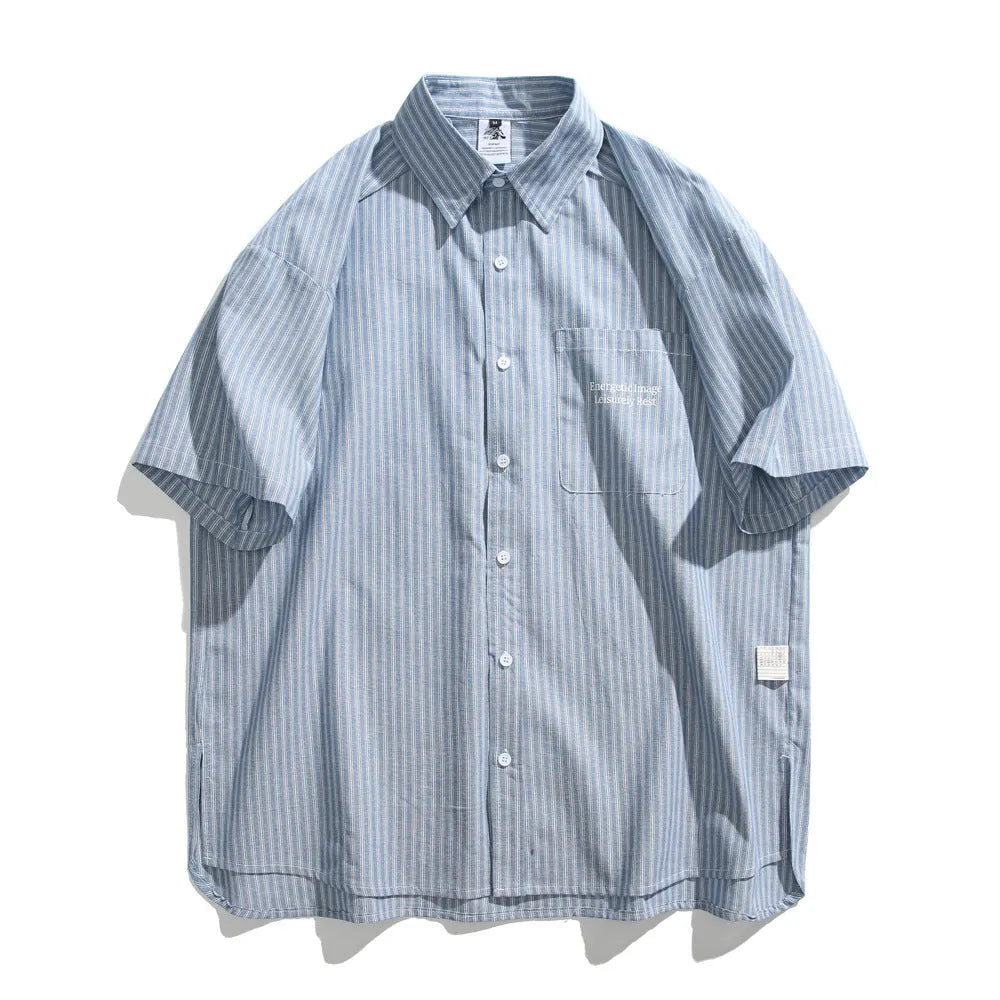 Blue and white striped loose-fitting short sleeve shirt cardigan style on hanger