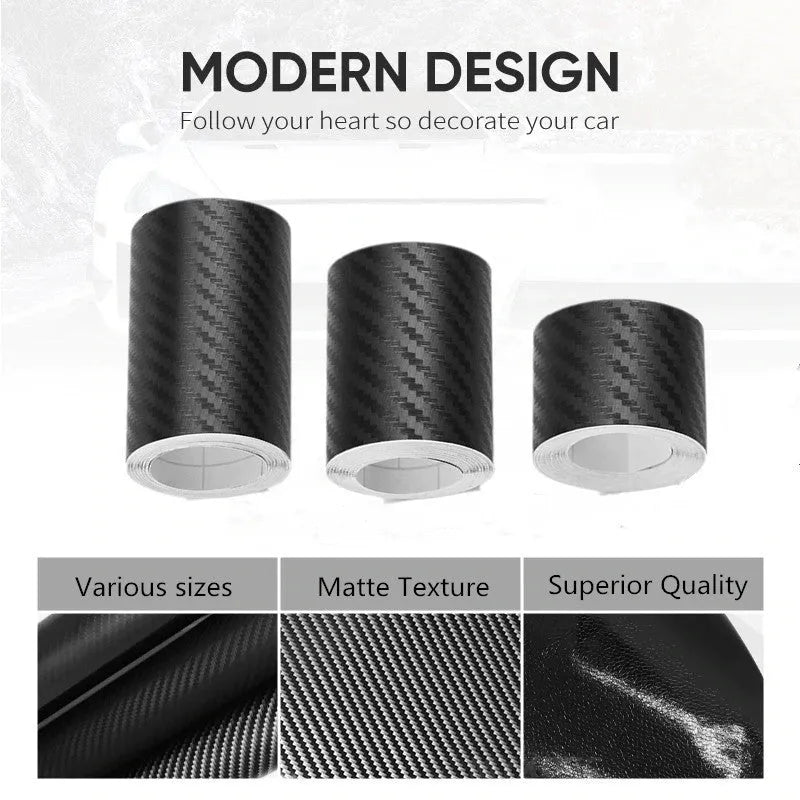 Matte carbon fibre car door sill protection roll showing 3D texture and width measurement options