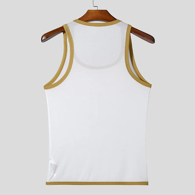 Men's white mesh fitness vest with straight hem and no-pocket design for athletic wear