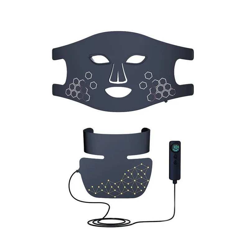 Four-colour LED photon beauty mask showing light therapy panels for facial and neck treatment