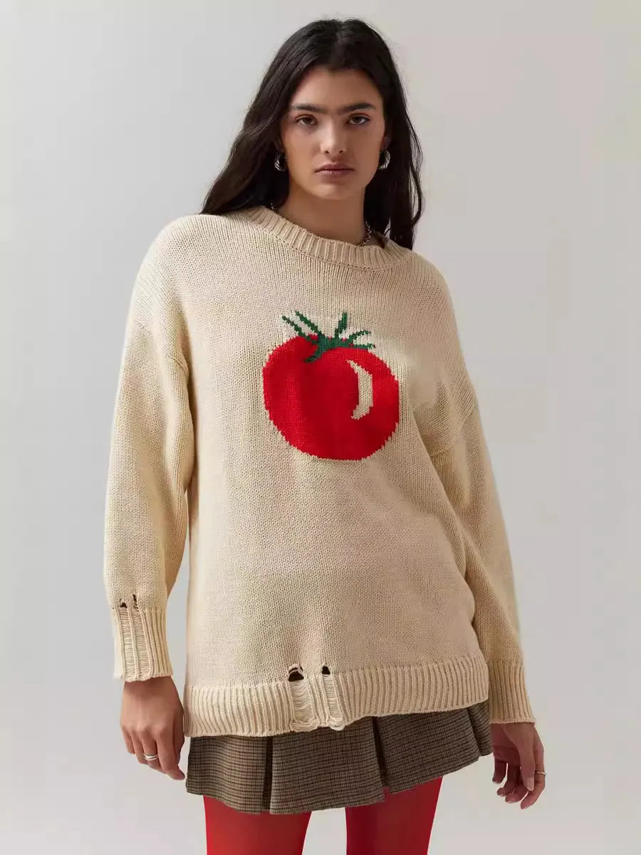 Beige milky white women's acrylic jacquard knit pullover sweater with round neck and long sleeves.