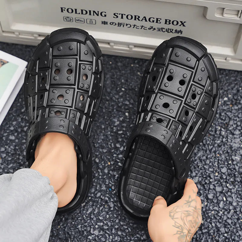 Sand-coloured men's EVA hole shoes with thick sole and toe holder design on a white background.