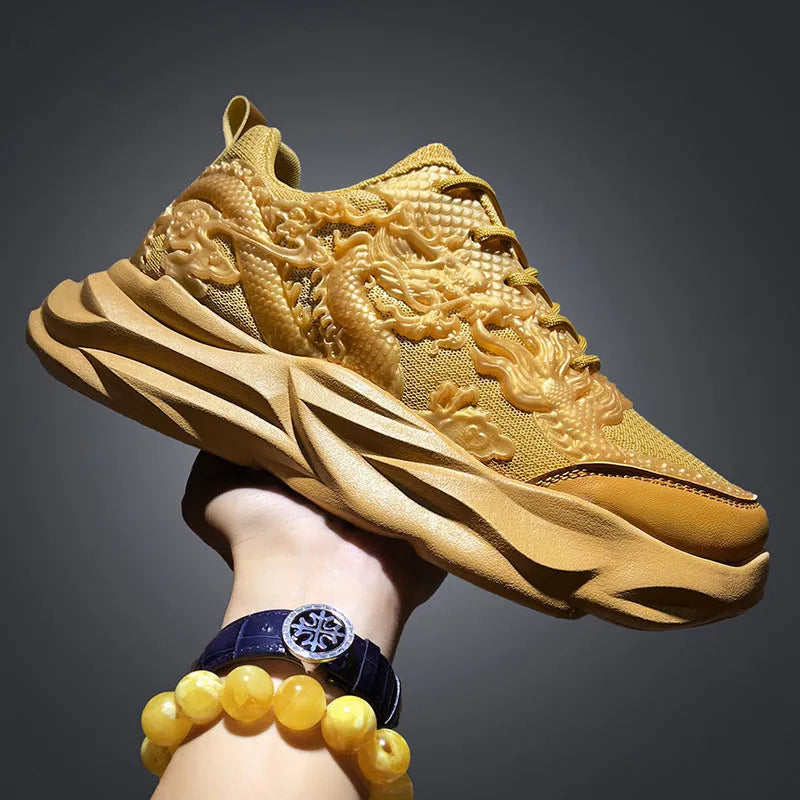 Chinese Loong dragon print casual sneakers with fly knit upper and rubber sole in multiple colour options.