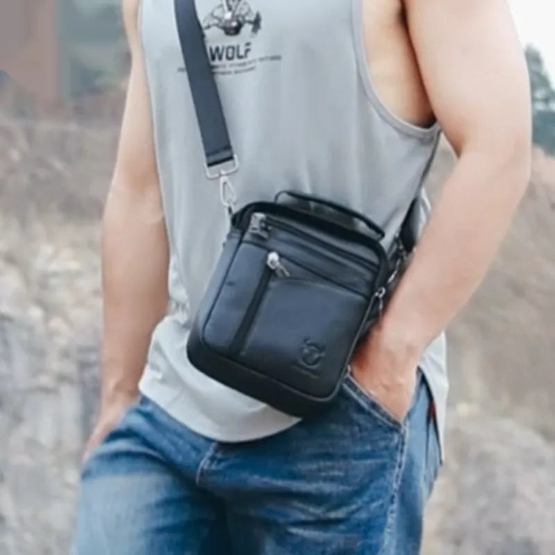 Black genuine leather men's shoulder messenger bag with retro styling for business and travel