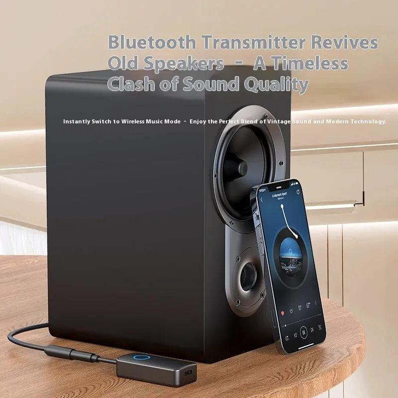 Black Bluetooth 5.4 audio adapter with 3.5mm plug for wireless music streaming.