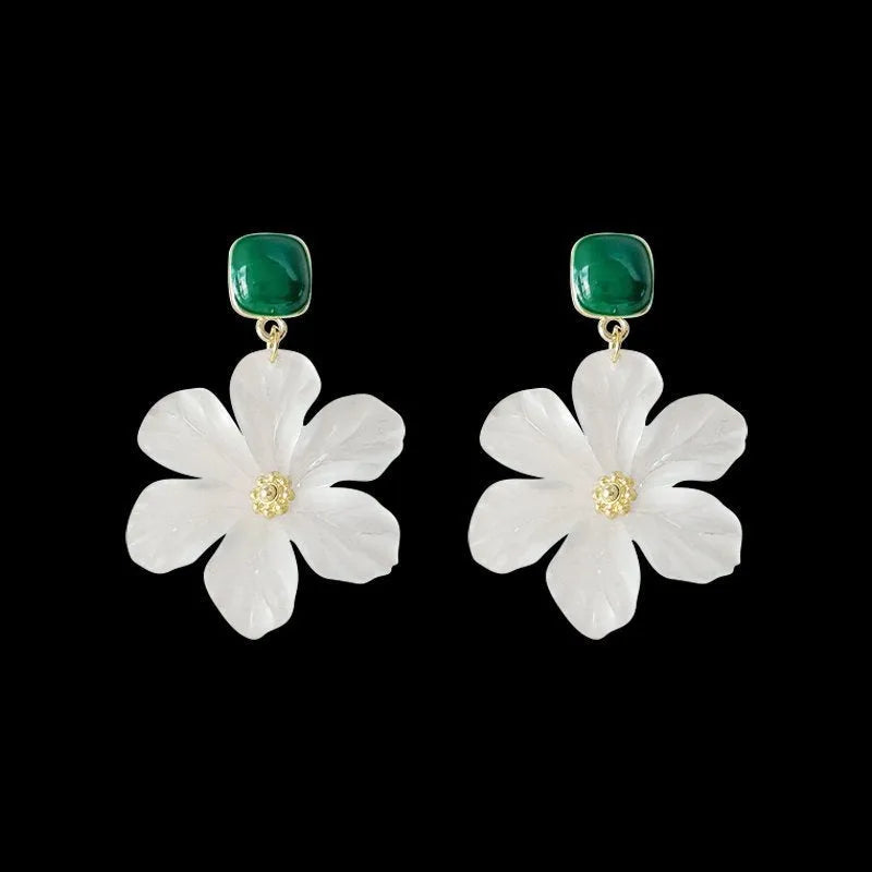 Dark green needle flowers design sweet drop earrings with sterling silver plating