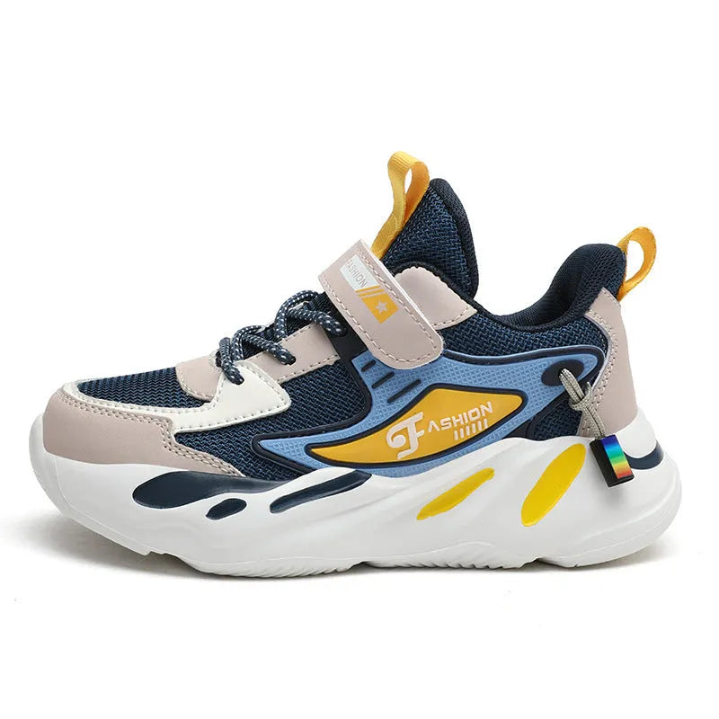 Boy's dark blue double mesh sports shoe with Velcro fastening and MD sole.