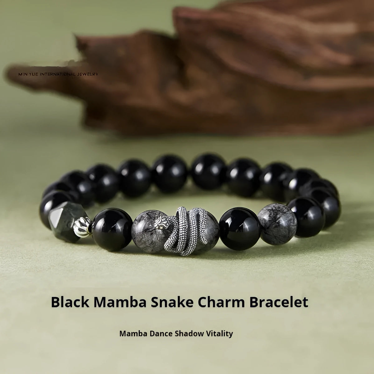 Men's S925 sterling silver snake bracelet with obsidian black hair crystal retro design