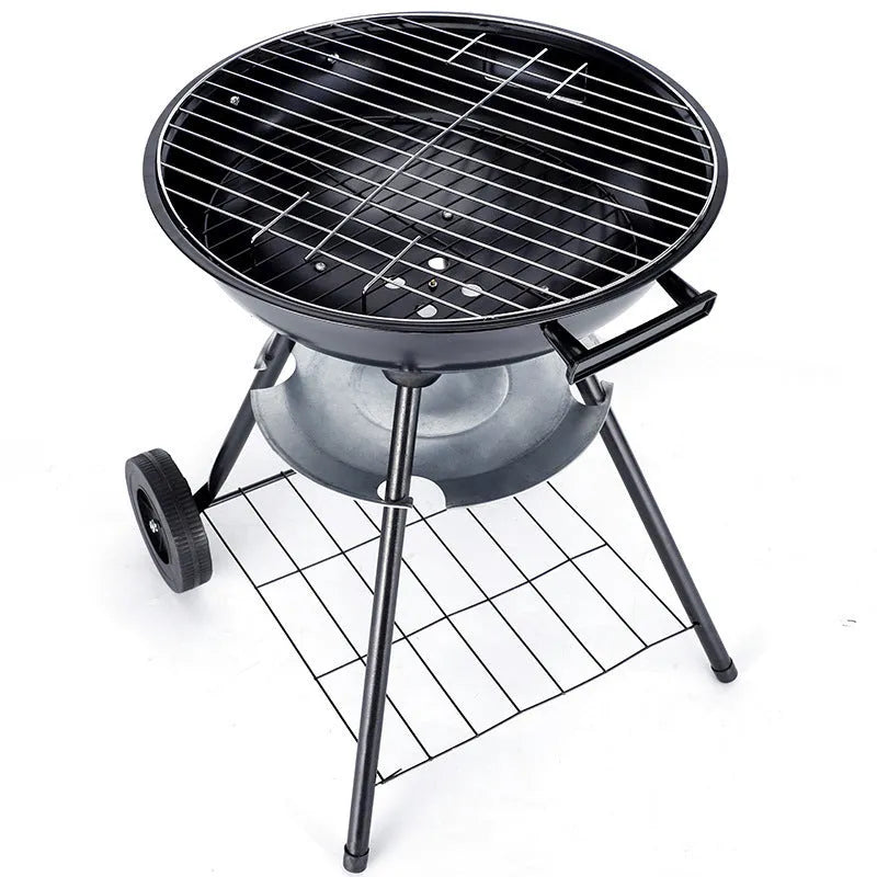 Portable iron barbecue grill with a 14-inch apple stove design for outdoor cooking.