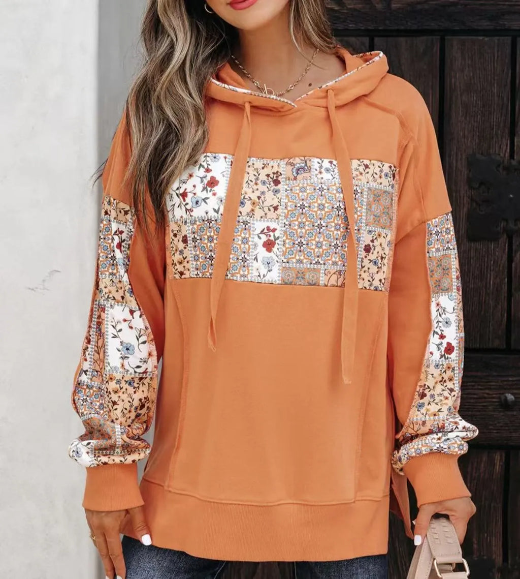 Women's pullover hoodie with drawstrings, long sleeve loose printed sweatshirt in pink or orange