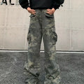 Washed camouflage cotton blend cargo trousers with multiple pockets on a mid-rise waist.