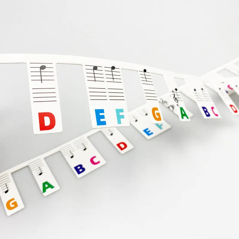 Piano keyboard note bar stickers showing colour-coded and black note options for 88-key learning