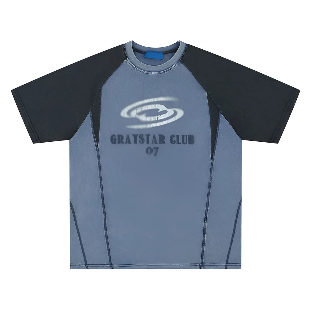 Men's blue hip hop letter print cotton t-shirt with raglan sleeves shown in loose fit