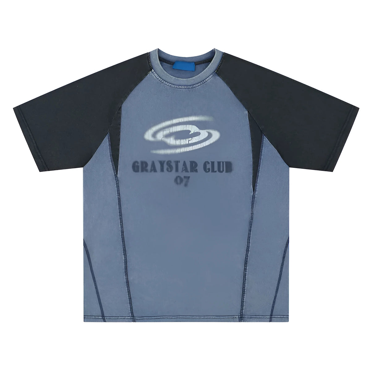Men's blue hip hop letter print cotton t-shirt with raglan sleeves shown in loose fit
