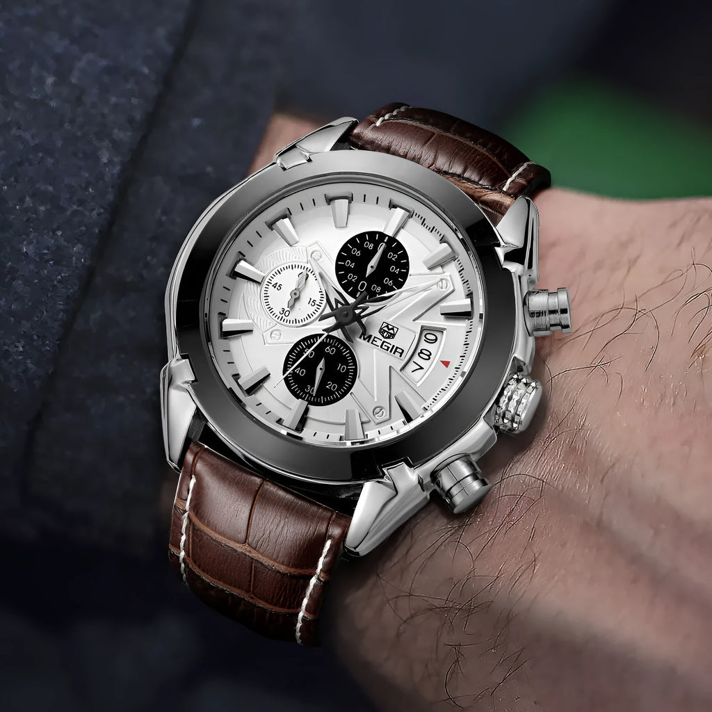 Men's multifunctional quartz watch with three sub-dials, luminous hands, and waterproof casing