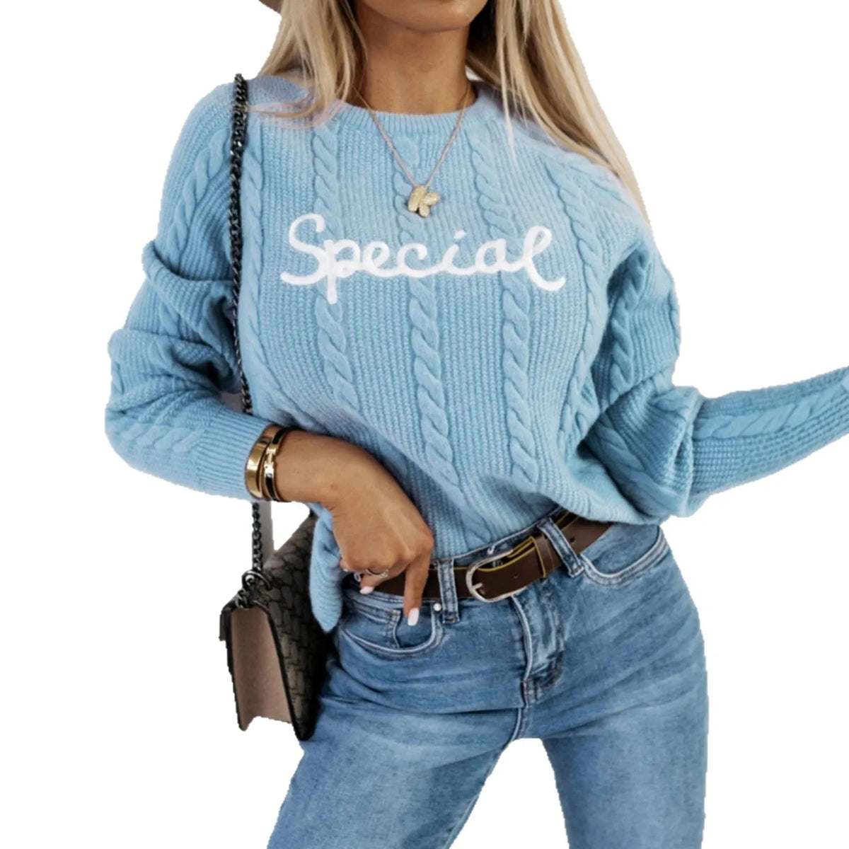 Blue men's crew neck pullover sweater with embroidered letters and numbers design