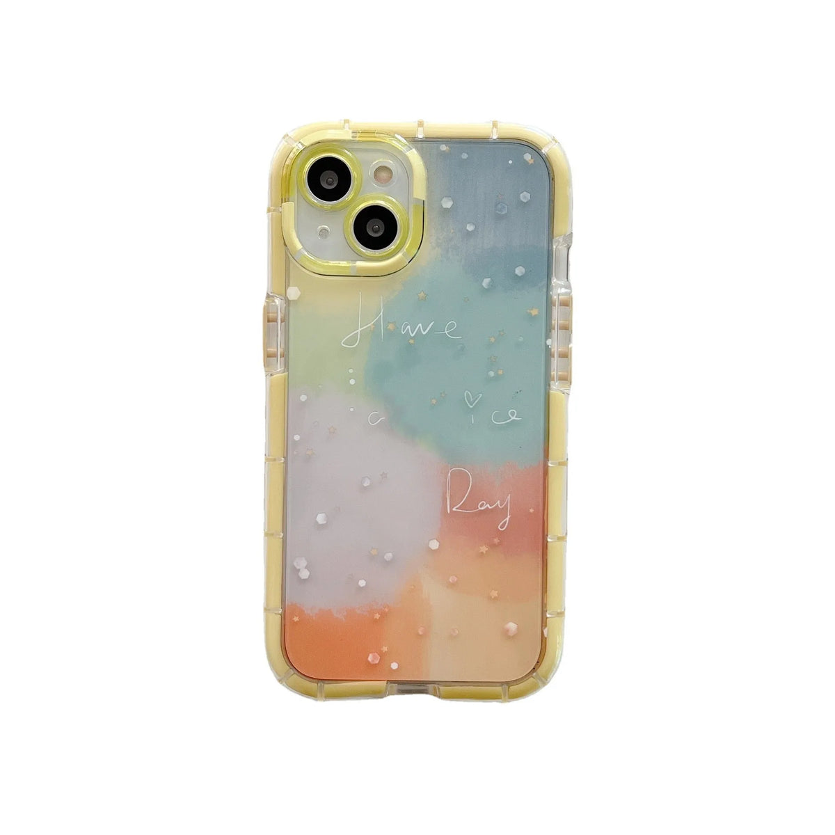Minimalist silicone phone case for iPhone 14 with a contrasting yellow edge on a white background.