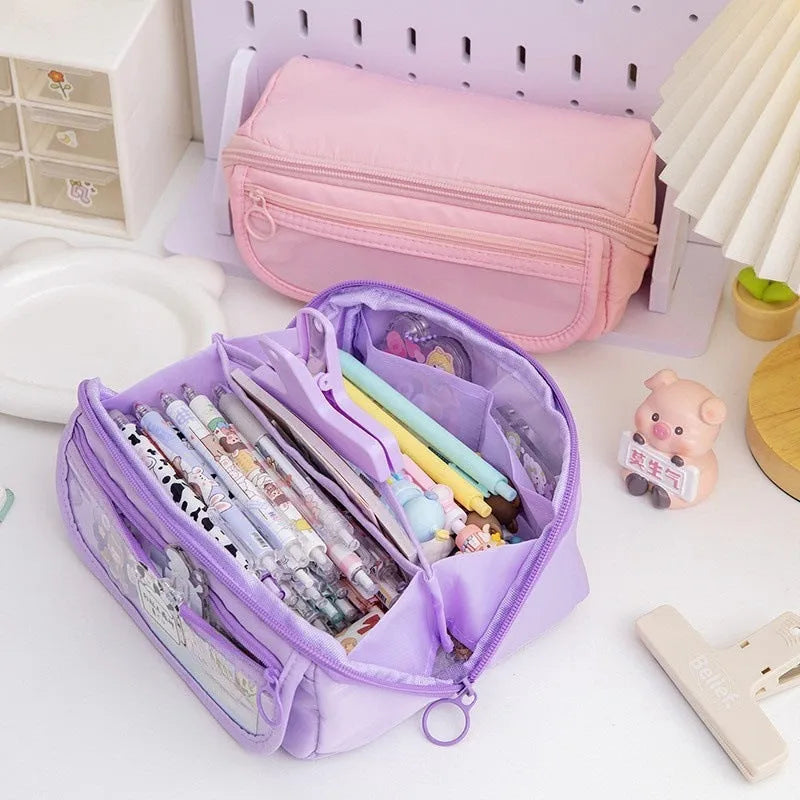 Ten-layer flip canvas pencil case in Korean style with six colour options including girl pink and space blue