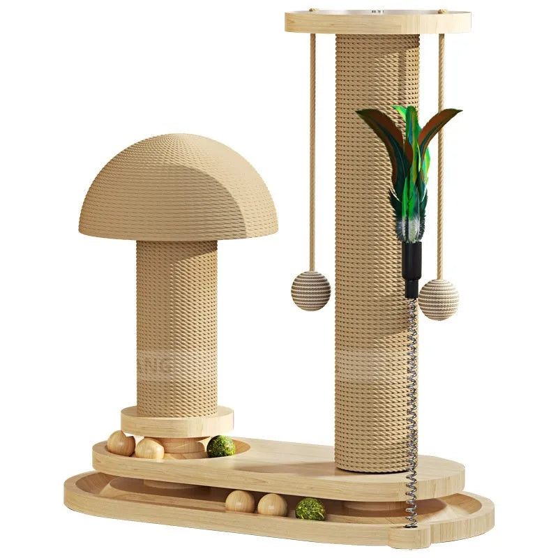Solid wood cat scratching post with a rotating turntable, designed as a climbing frame for large cats.