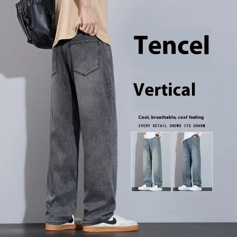 Straight leg casual trousers in thin ice silk denim with wide leg design
